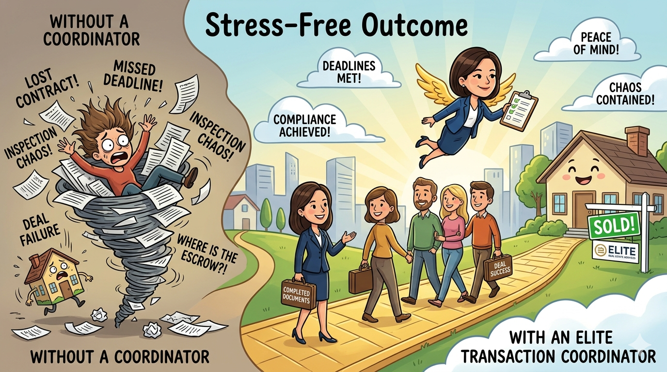 Cartoon illustration comparing a real estate transaction without a coordinator — showing document chaos, missed deadlines, inspection issues, and deal failure — versus a stress-free outcome with an Elite transaction coordinator, featuring completed documents, compliance, deadlines met, and a successful home sale.